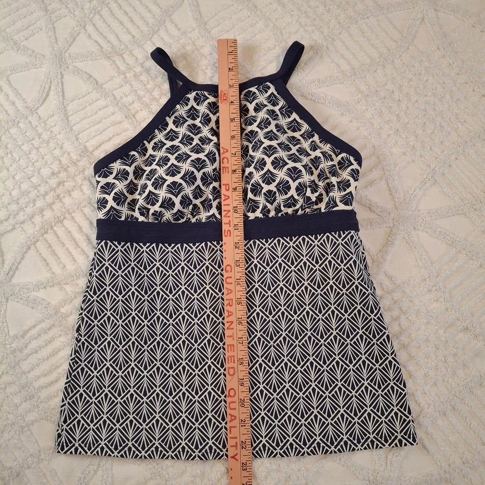 Lands' End Womens 8 Tankini Top Navy Blue White Geometric High Neck Keyhole